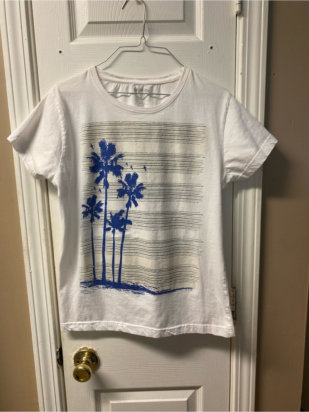 Women’s White Short Sleeve Tee with Blue Palm Tree Graphic
